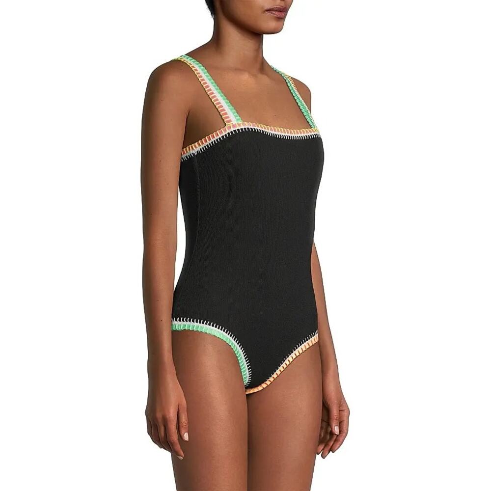 Platinum Swimwear Crochet Trim One Piece Swimsuit Black Large